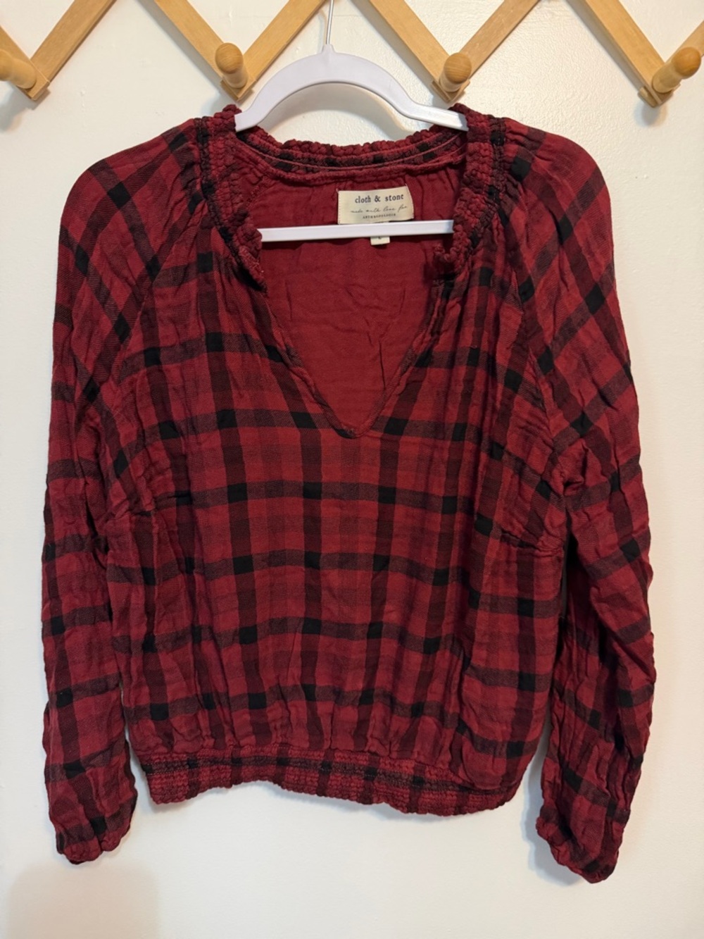 Anthropologie Cloth & Stone Sara Buffalo Plaid Blouse Black and Red Large